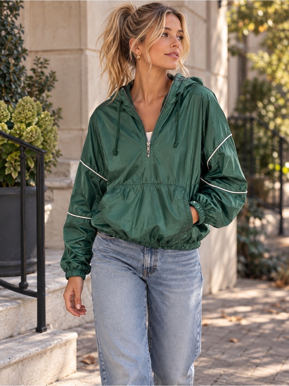 LA Hearts Green Hooded Windbreaker Jacket Y2K Sporty Mesh Lined S
